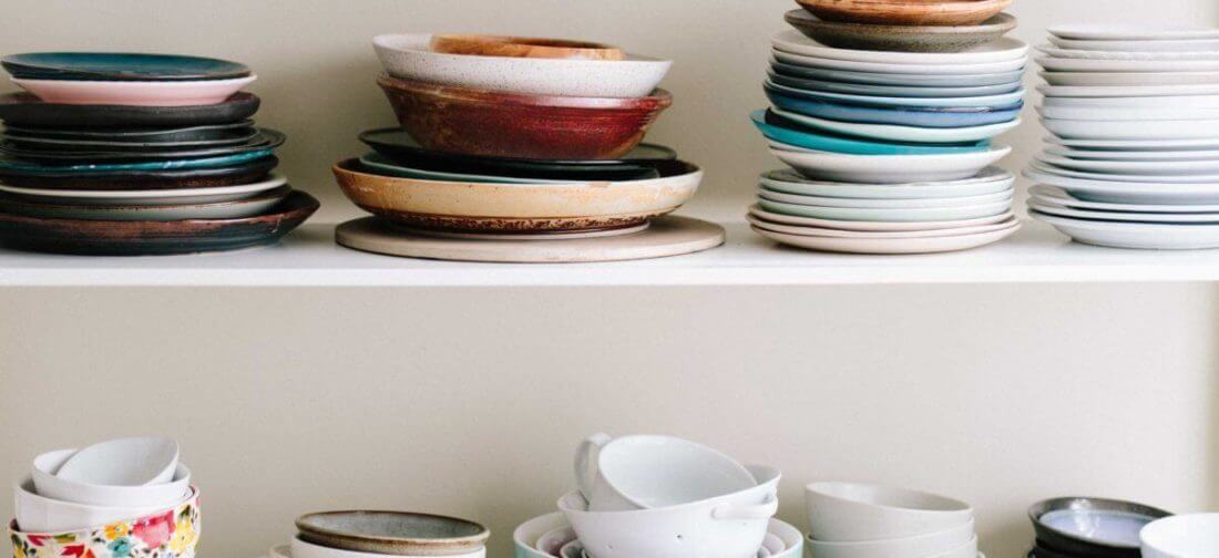 Dishes set on a shelf after cross-country moving