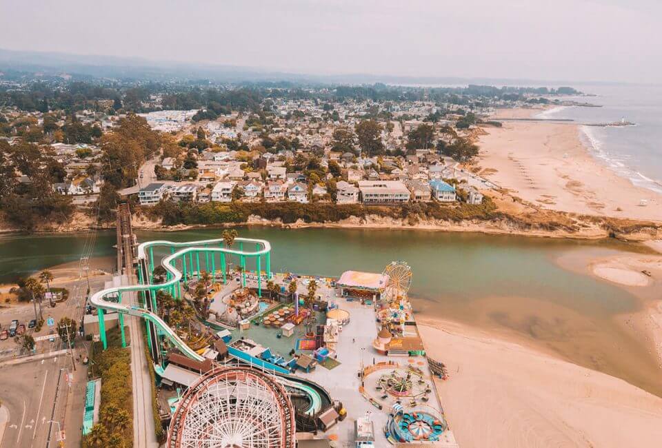 Aerial view of the Santa Cruz beach and the amusement park in California