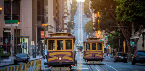 San Francisco Cable Cars on California Street at sunrise