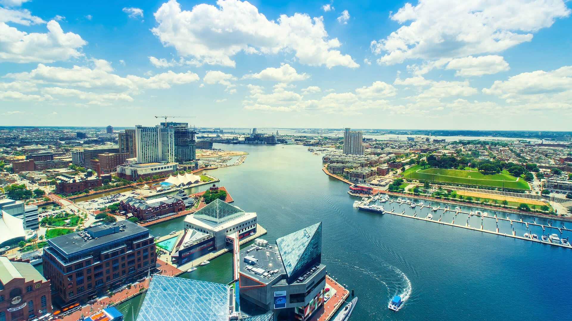 Aerial view of the Inner Harbor of Baltimore, Maryland on a clear summer day