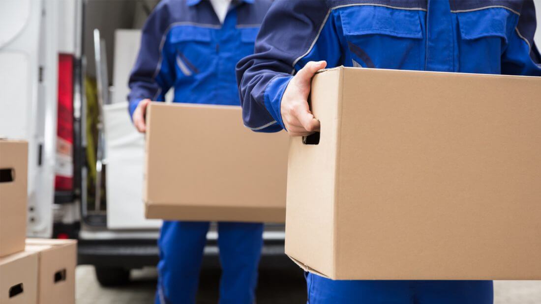Long-distance movers carrying packed boxes for moving