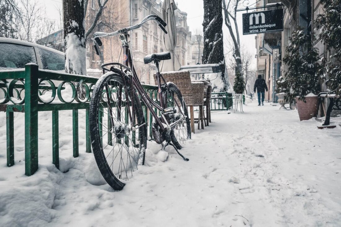 a bicycle in a snow-covered street