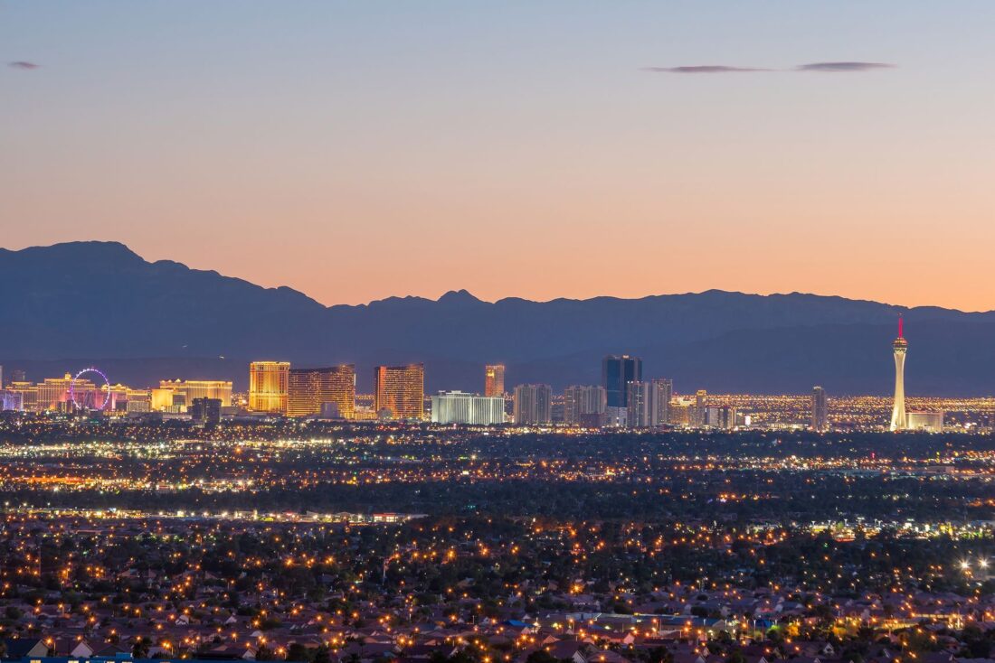 An aerial evening view of Las Vegas, Nevada