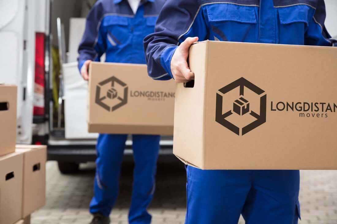 Two movers off-screen carrying boxes with the LDUSAM logo
