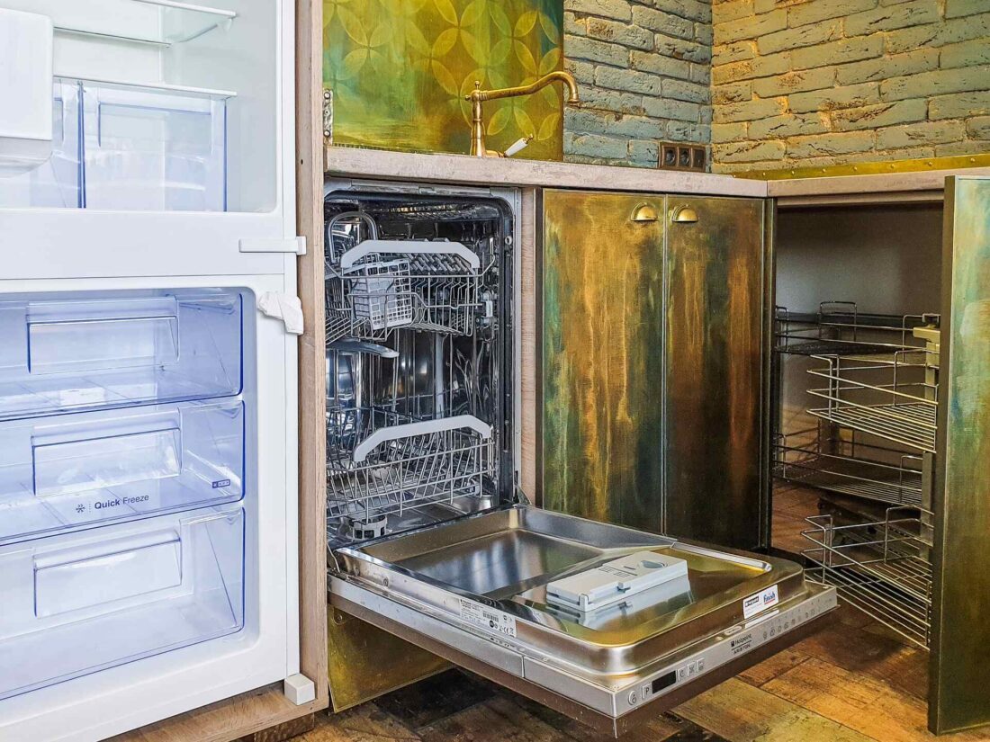 An fridge and a dishwasher in a kitchen