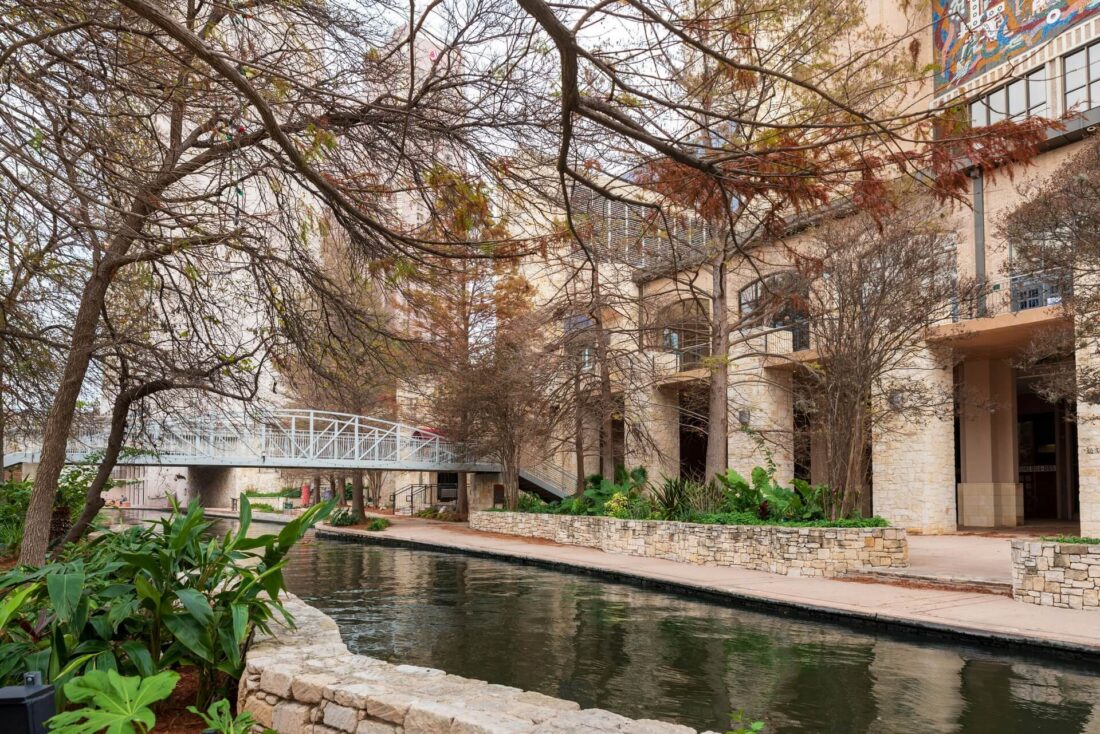 A scenic river running through a lush green park adjacent to modern city buildings.